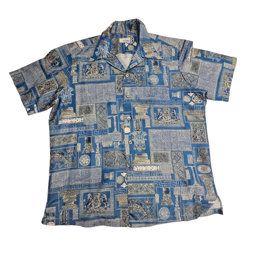 Vintage Custom Made In HI Blue Hawaiian Aloha Shirt Button Up Men's XL Tropical